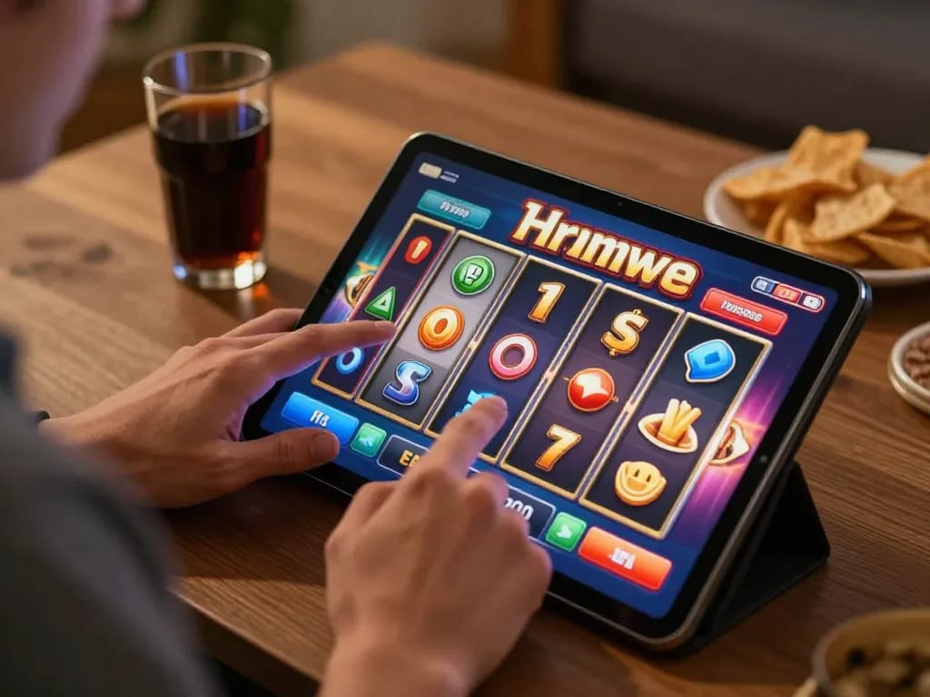 Player engaging with vibrant slot pulsa game on tablet in cozy home setting