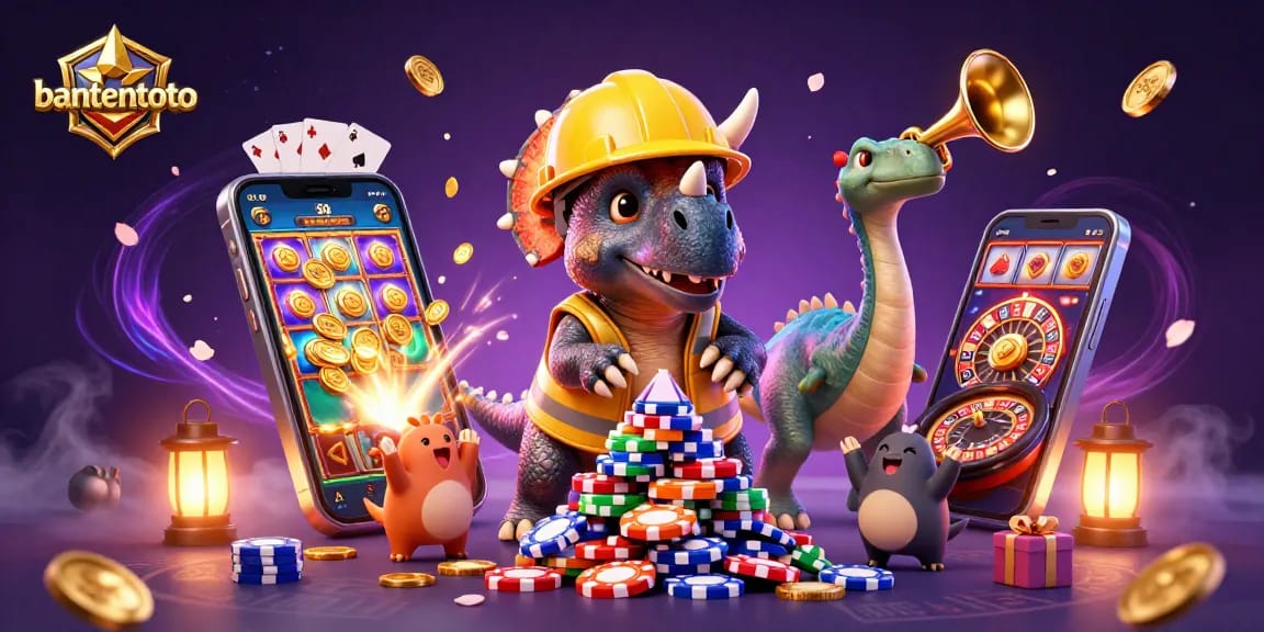Bantentoto mempersembahkan ilustrasi kasino animasi 3D modern dengan triceratops membangun tumpukan chip poker.