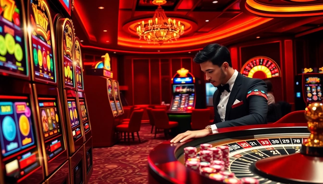 Player engaging with a vibrant slot gacor machine in a luxurious casino environment filled with excitement.