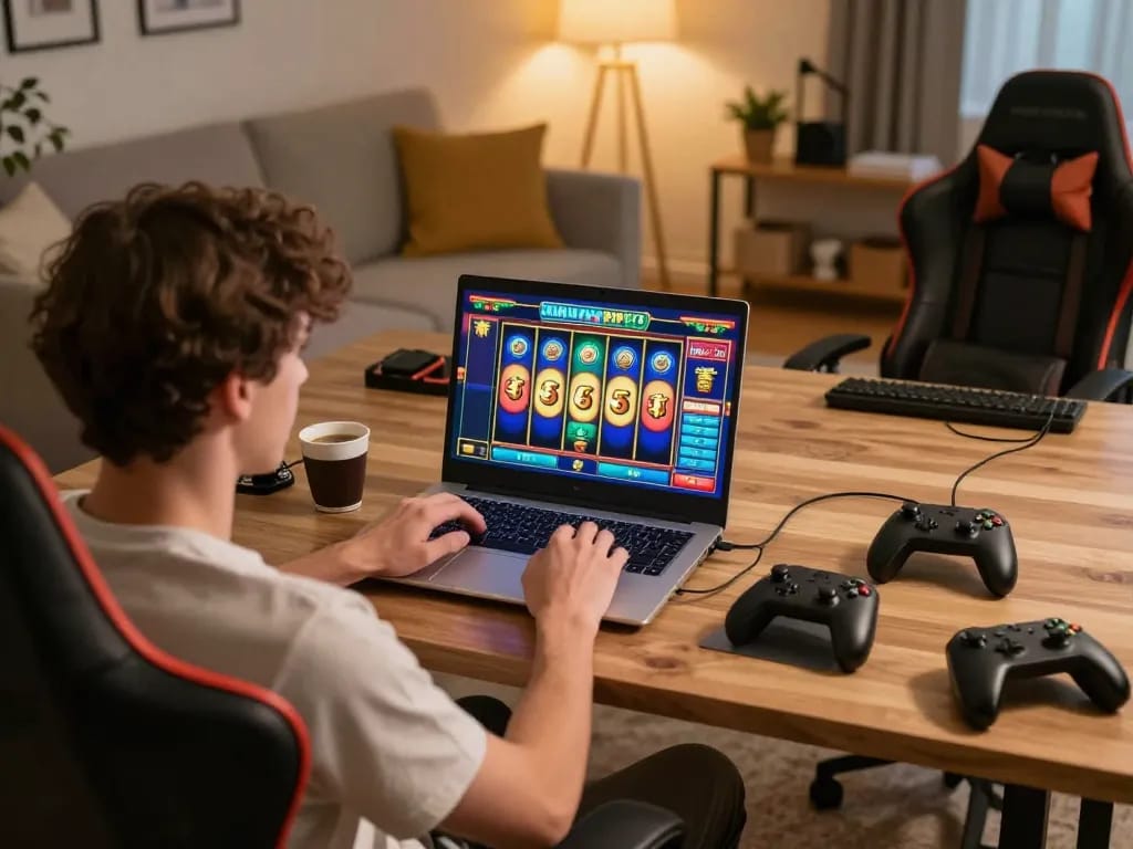 Terlibat dalam permainan slot depo 5k di laptop, pengaturan rumah yang nyaman untuk perjudian online