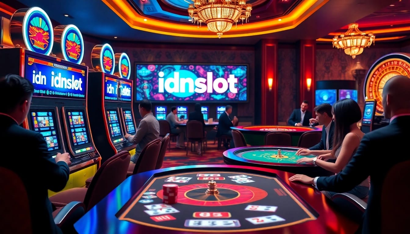 Engaging players enjoying idnslot at luxurious casino tables with vibrant slot machines.
