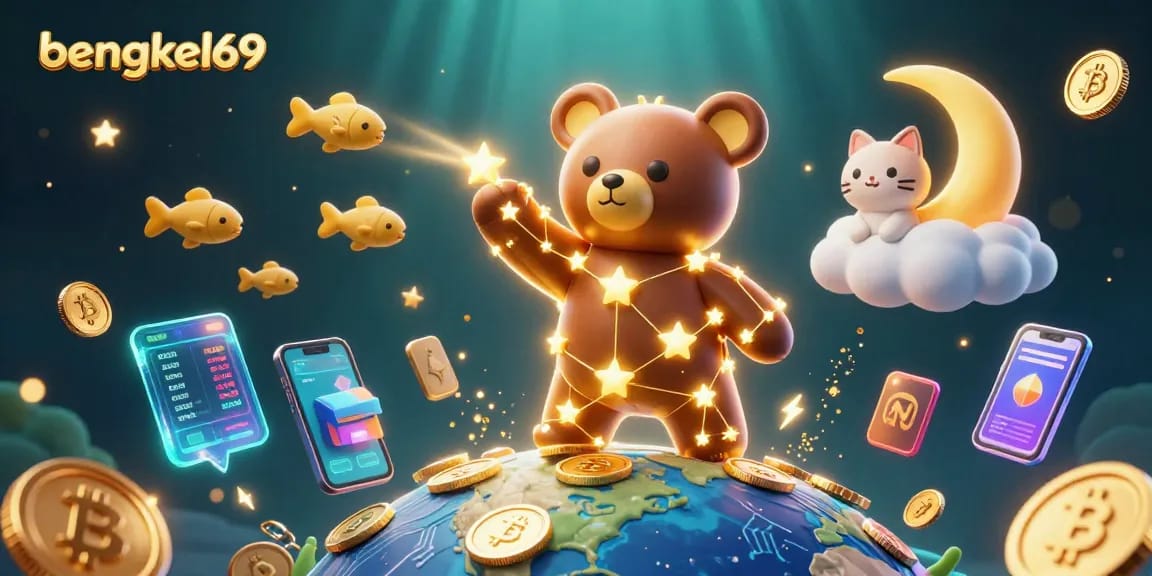 Bengkel69 showcases a vibrant 3D casino illustration with cartoon constellation characters and cryptocurrency elements.