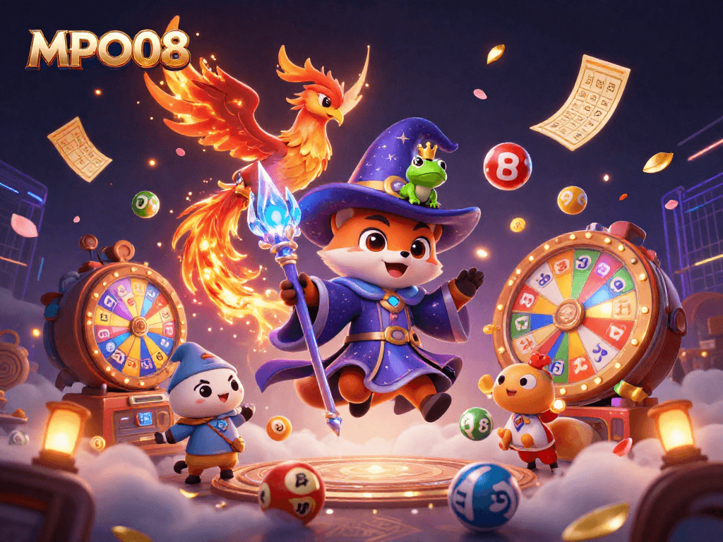 MPO08 delivers an engaging gaming experience with a vibrant 3D scene of a wizard, phoenix, and lottery elements.