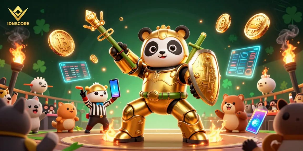 Engage with IDNSCORE through a thrilling 3D casino battle between golden panda and robot as they navigate crypto-themed challenges.