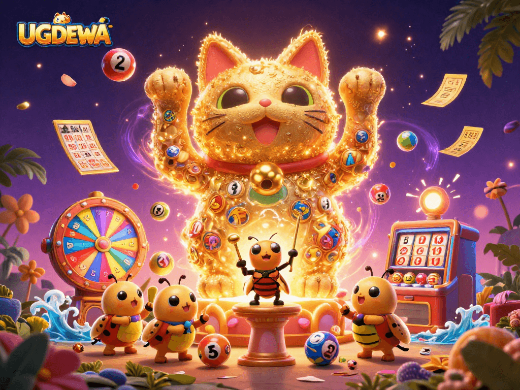 Experience the excitement of UGDEWA with a vibrant 3D casino scene featuring a lucky cat.