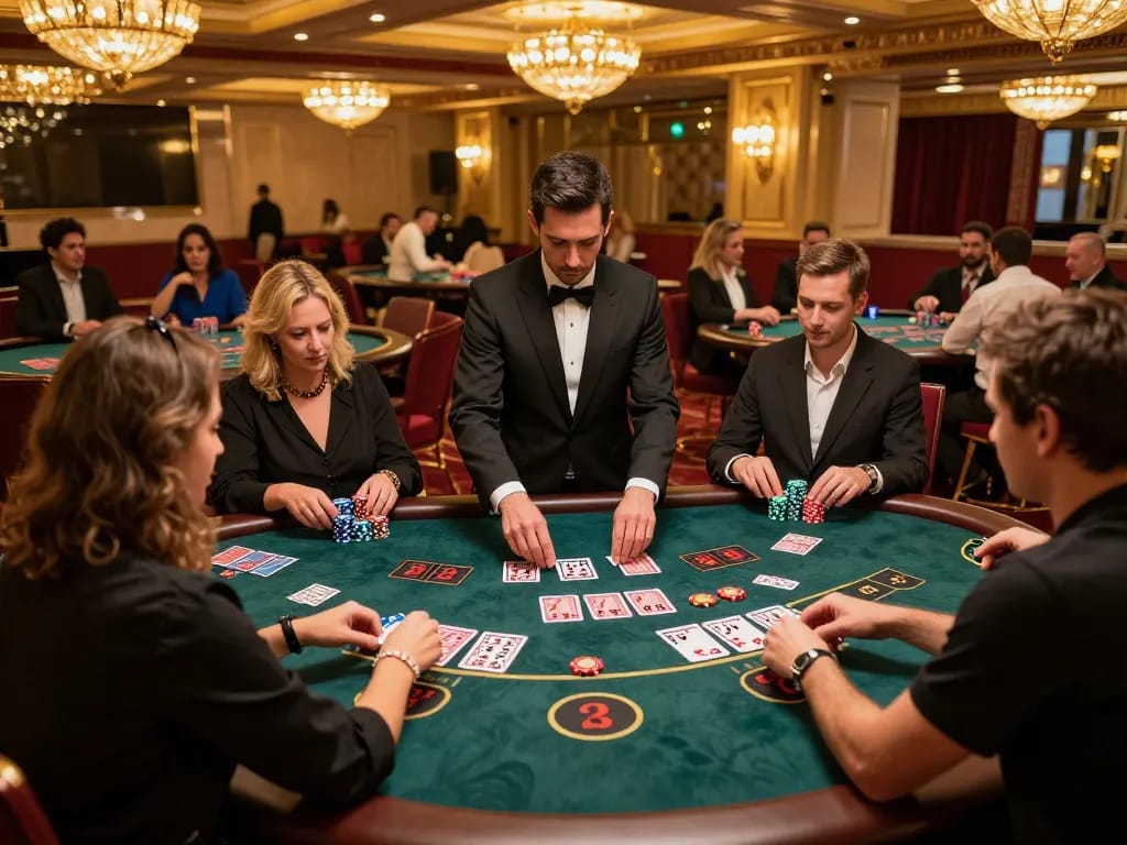 IWIN players enjoying an exciting game of blackjack on a luxurious casino floor, vibrant atmosphere and professional dealer