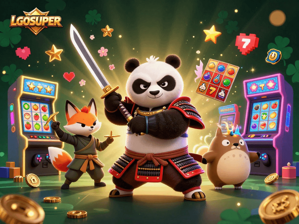 Engage with LGOSUPER's thrilling casino experience featuring a samurai panda, ninja fox, and tanuki amidst vibrant games.