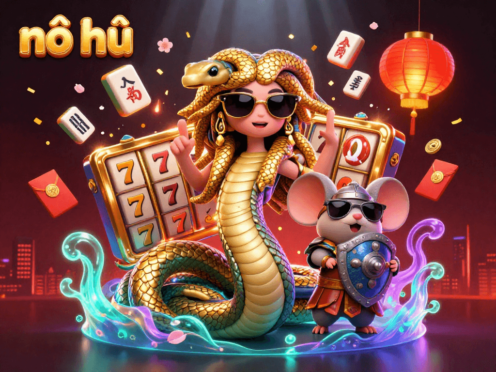 Nổ hũ slots with Medusa and a stone-shield warrior mouse surrounded by vibrant casino symbols.