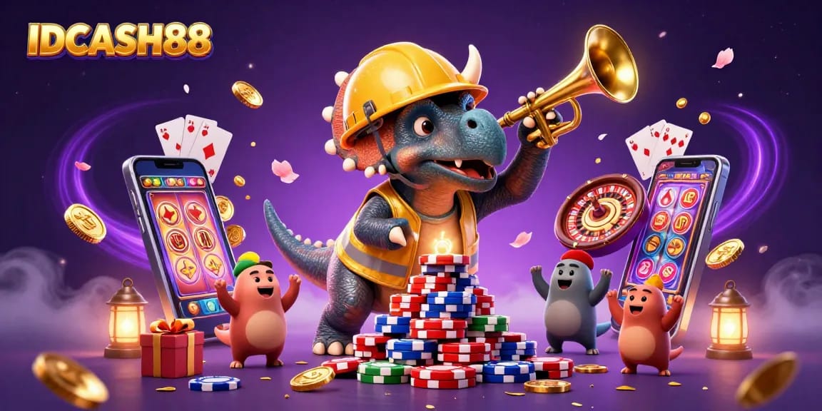 Experience gaming thrills at IDCASH88 with a vibrant 3D scene of exciting casino elements celebrating wins.