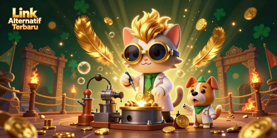 Experience winning spins at Link Alternatif Terbaru with a vibrant 3D casino scene full of gold and excitement.