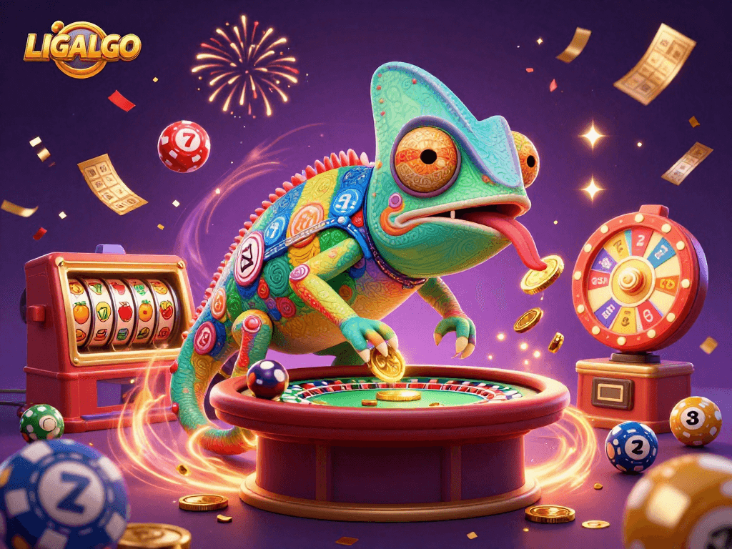 LIGALGO captivates with a vibrant chameleon casino owner amidst dynamic slot reels and colorful game elements.