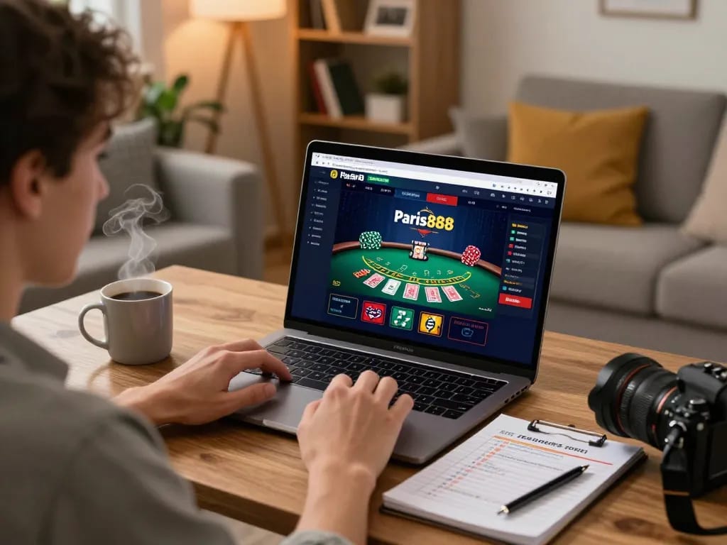 Gambar ini menunjukkan seorang pemain yang terlibat dengan kasino online paris888, menampilkan layar laptop yang memperlihatkan permainan blackjack dealer langsung yang mendebarkan.