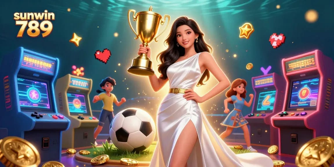 Experience the excitement of sunwin 789 with vibrant casino elements and a victorious character.