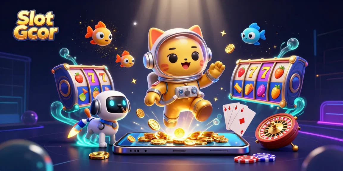 Spin and win with Slot Gcor featuring a golden astronaut cat in a vibrant casino space scene.