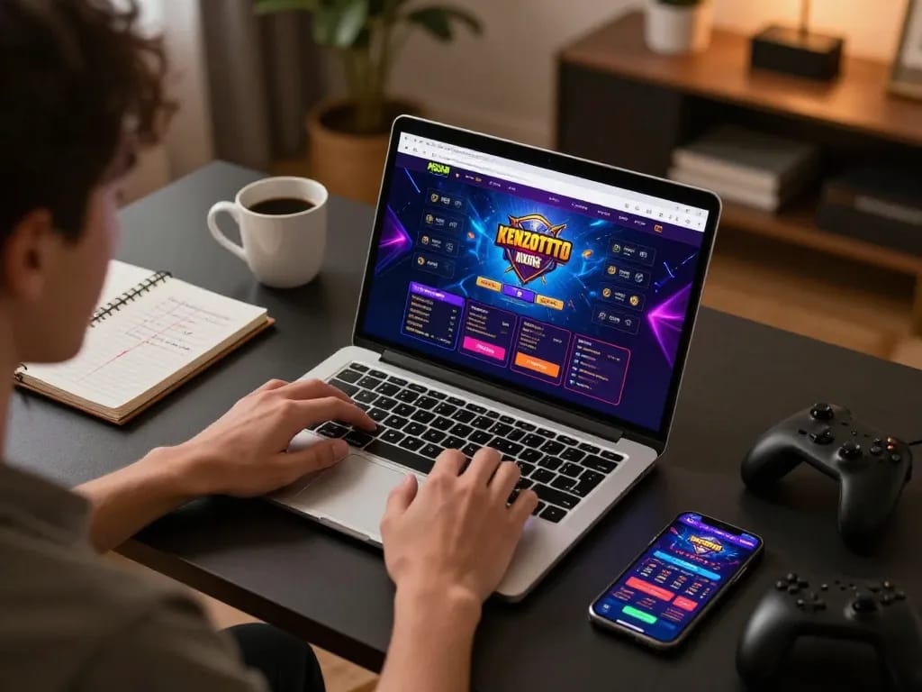 Sesi permainan yang menarik di KENZOTOTO, menampilkan strategi taruhan online dengan laptop dan smartphone.
