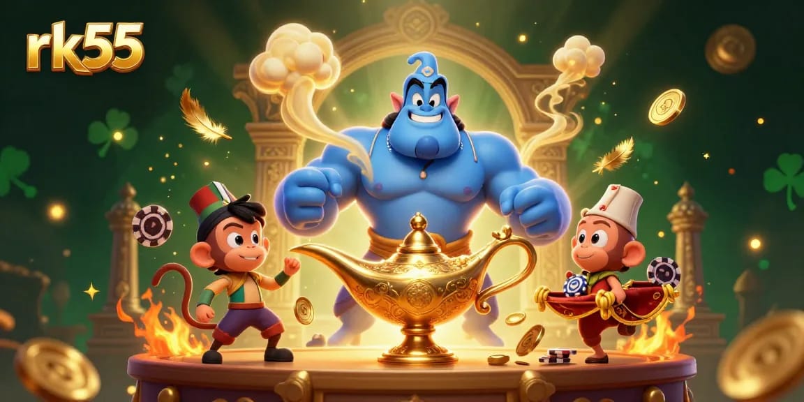 Experience thrilling jackpots at rk55 with a powerful genie, sparkling coins, and adventurous gaming atmosphere.