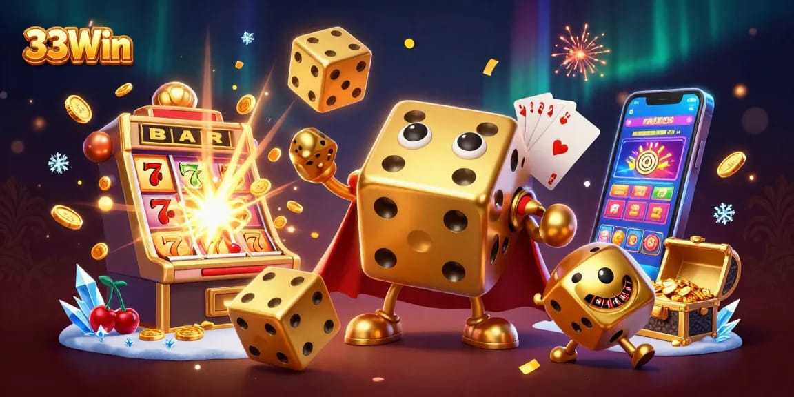 Join the excitement at 33Win with a dazzling dice golem and jackpot celebrations in a vibrant casino scene.