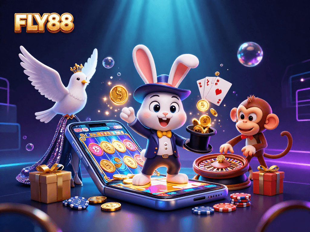 FLY88 showcases a vibrant casino scene with a magician rabbit and a smartphone game featuring exciting treasure