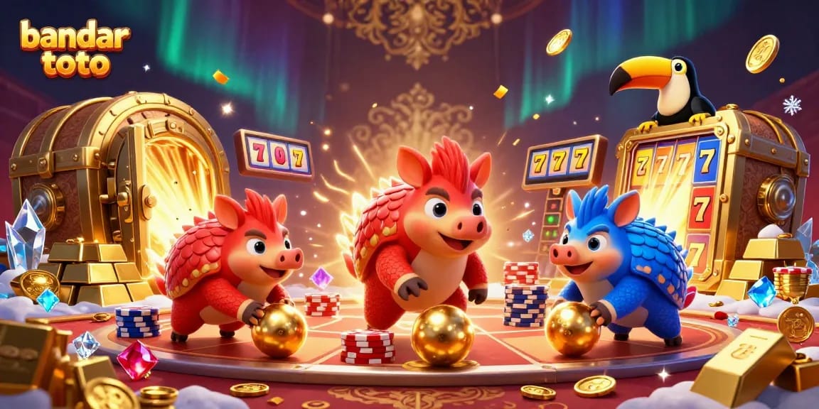 Permainan bandar toto dengan pangolin bertarung dan tumpukan chip poker yang memukau di tengah gemerlap harta.
