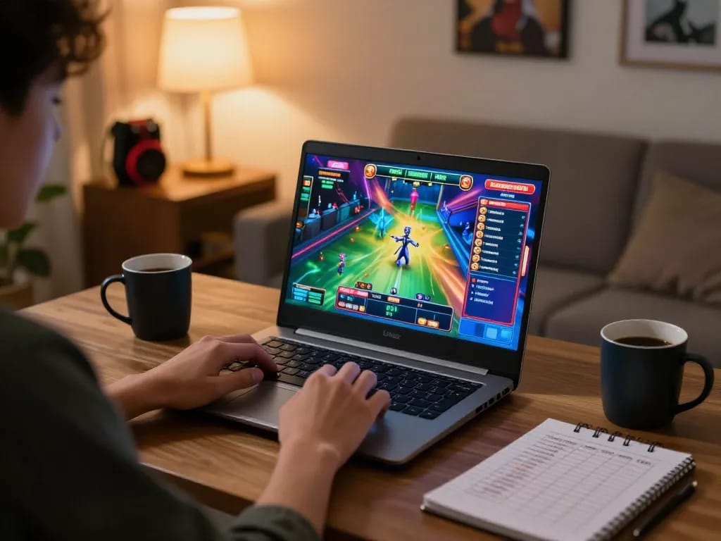Player engaging with LGODEWA online slot games at home, showcasing a cozy and modern gaming setup.
