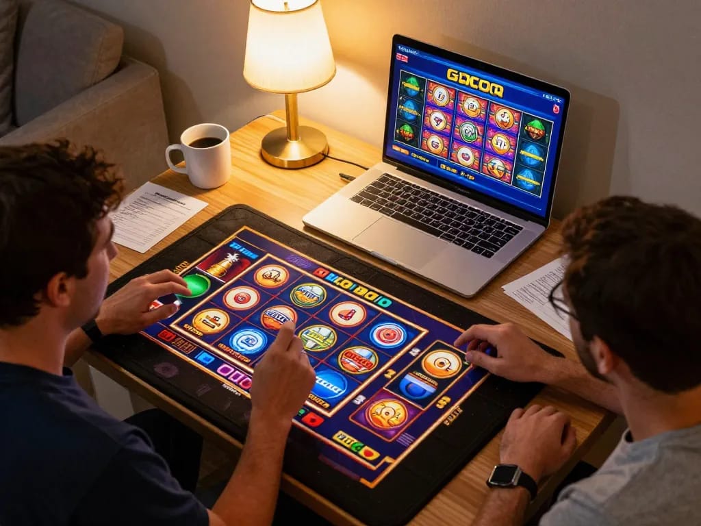 Players exploring slot gacor hari ini strategies in a modern home setup, focusing on online excitement.