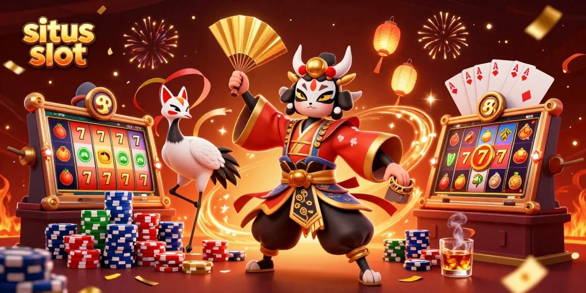 Menangkan jackpot di situs slot dengan ilustrasi 3D kabuki dan simbol permainan yang berwarna-warni.