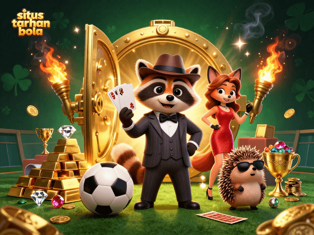Engage in situs taruhan bola with this vibrant 3D casino illustration featuring dynamic characters and symbols of sports betting.