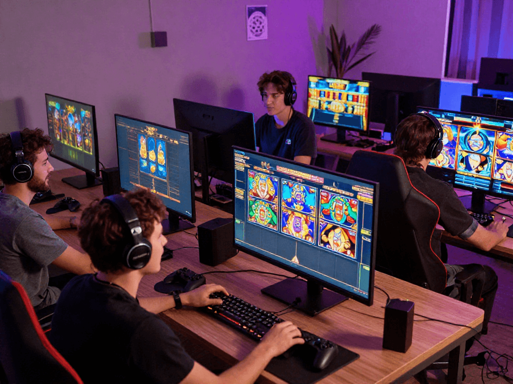 Players enjoying situs slot gacor in a modern gaming lounge, vibrant atmosphere with colorful screens.