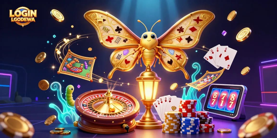 Engage with LOGIN LGODEWA in an enchanting casino scene with a 3D atlas moth and golden elements.