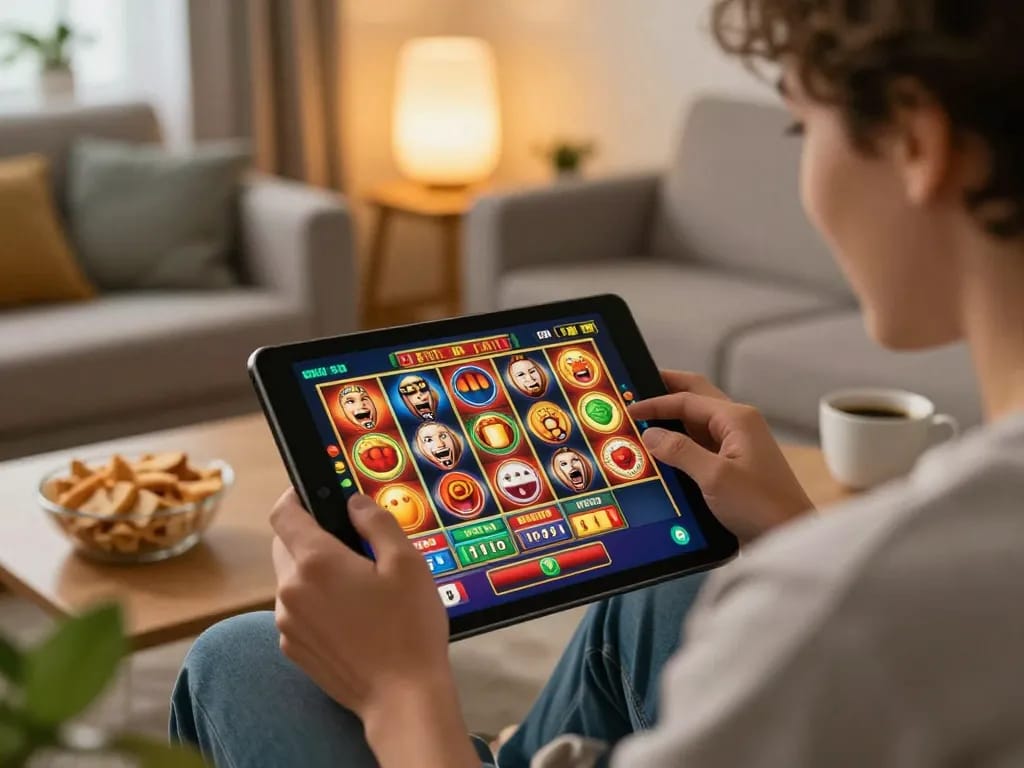 Engaged player using a tablet for online link slot gaming in a cozy living room.