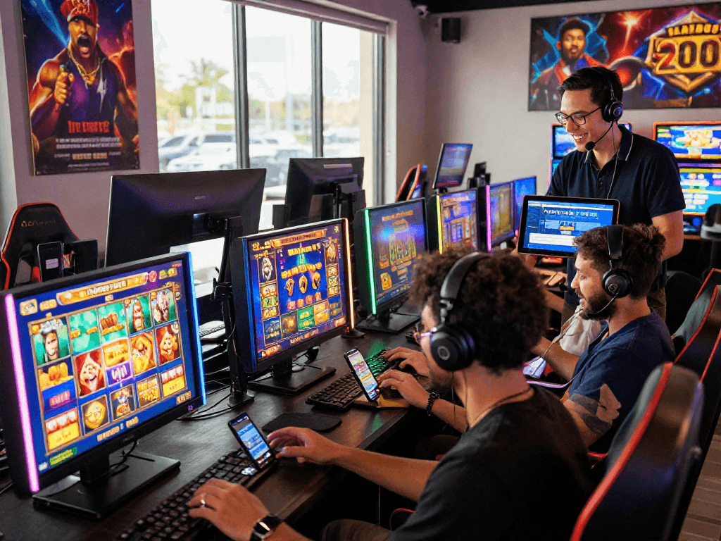 Exciting scene of players enjoying slot gacor games on mobile devices in a vibrant gaming lounge.