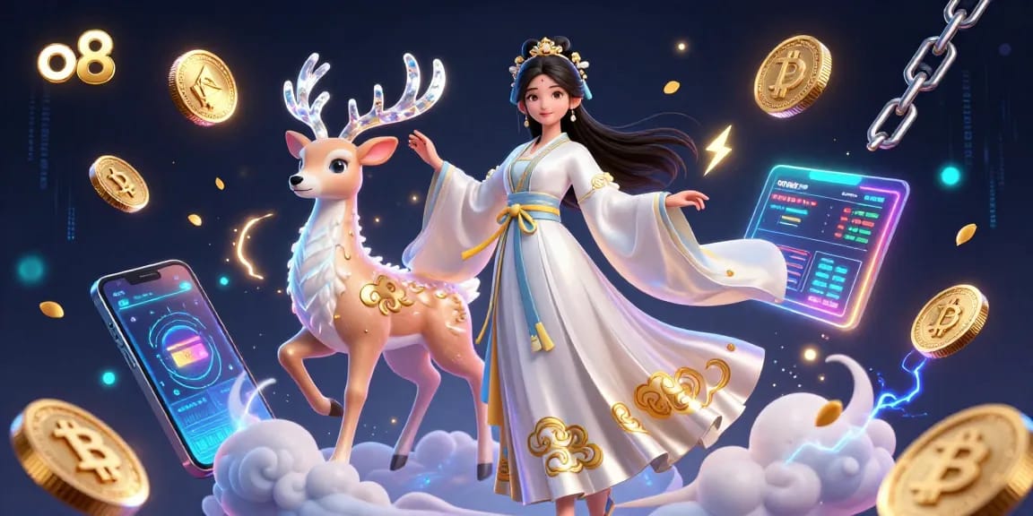 Experience winning at O8 with dynamic casino visuals featuring cryptocurrency and gaming elements.
