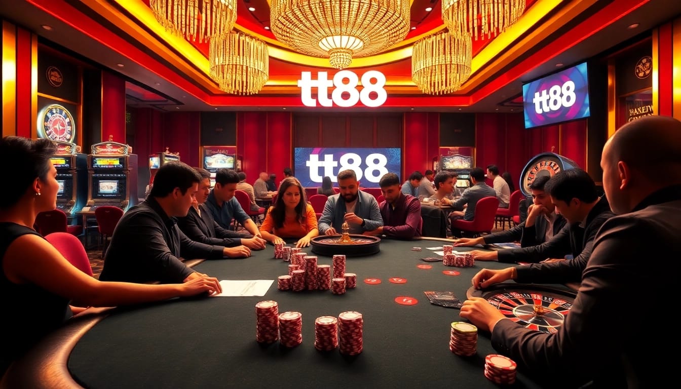 Experience thrilling gameplay at tt88 with poker tables, slot machines, and colorful chips in a vibrant casino scene.