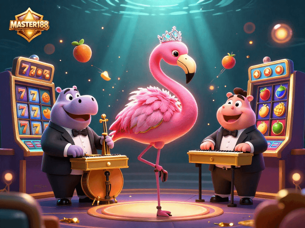 Win big with MASTER188 in a vibrant casino scene filled with slot symbols and dynamic motion.