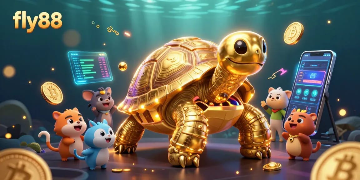 Engage in the vibrant world of fly88, spotlighting a colossal golden tortoise game with crypto elements.