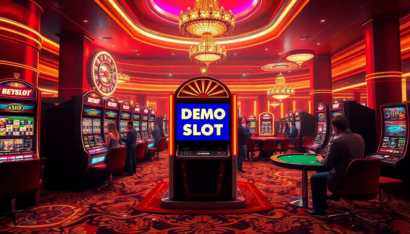 Engaging players enjoying a demo slot experience in a vibrant casino setting featuring exciting slot machines.