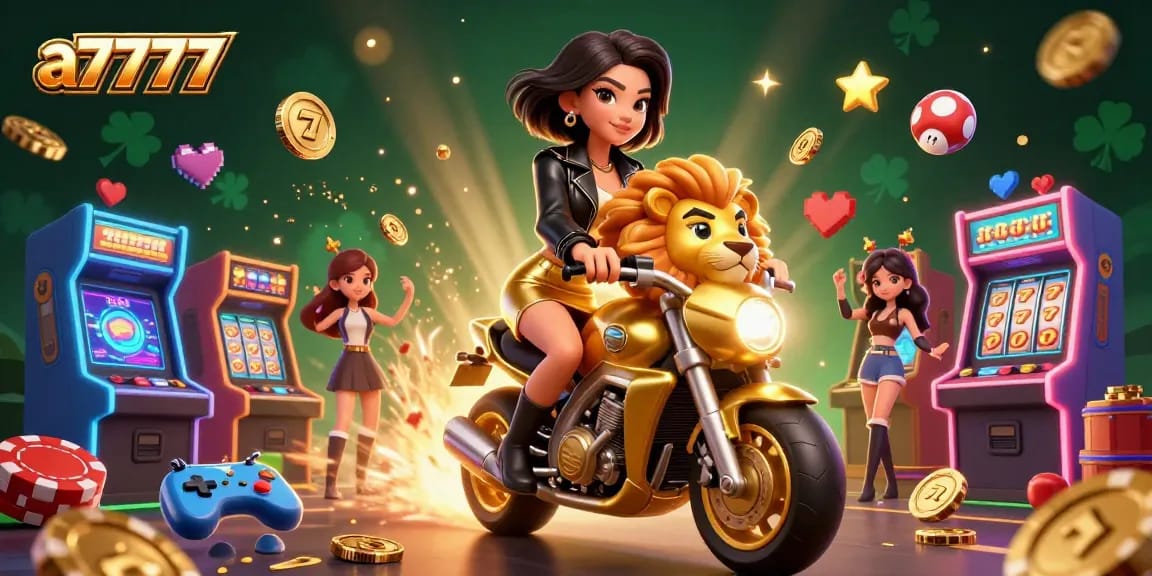 Experience thrill with a7777 as a glamorous Asian woman rides a golden lion through a vibrant casino scene.