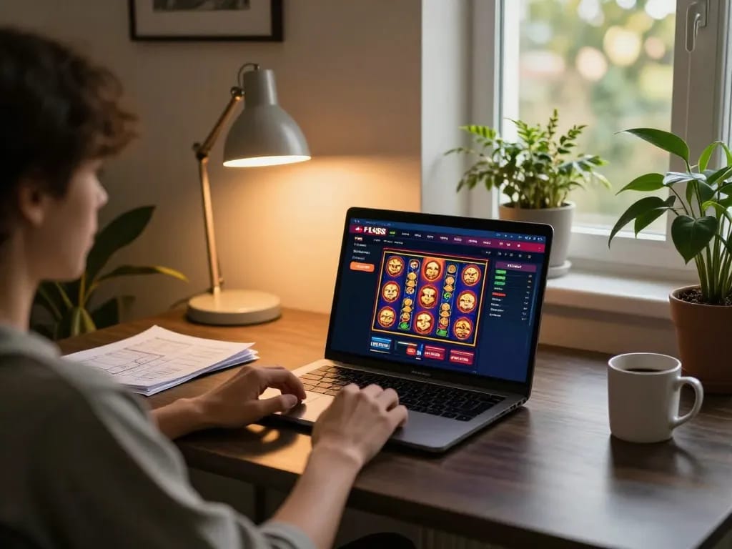 Experience FLY88 online gaming in a cozy home setup with exciting slot games on a laptop.