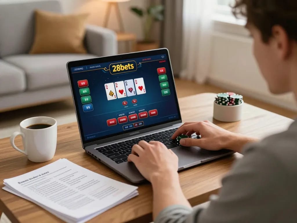 Player exploring 28bets casino on a laptop, emphasizing strategic poker gameplay at home.
