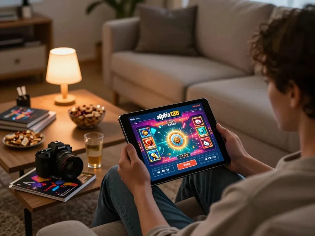 Engaged user enjoying the alfa138 online casino app on tablet amidst a cozy living room setting.