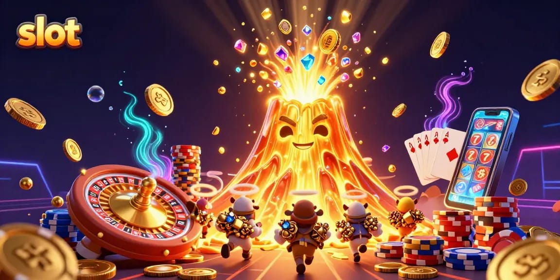 Spin the slot and claim treasures from the erupting volcano in this vibrant casino illustration.