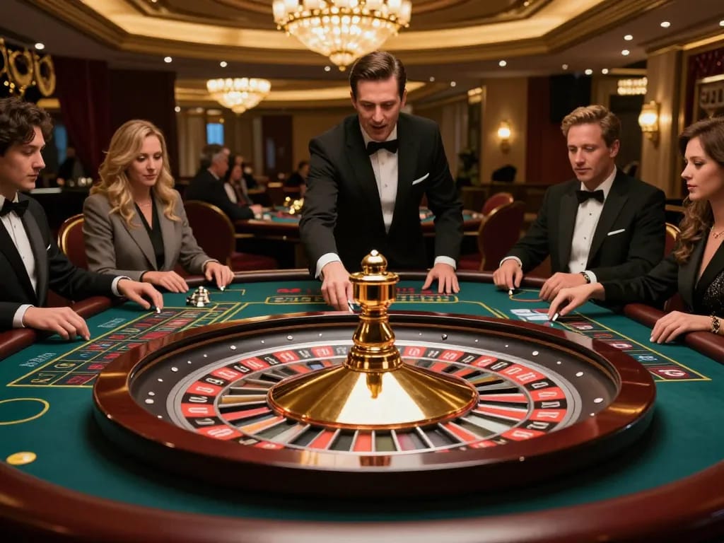 Players placing bets at the SATRIA123 live dealer roulette, experiencing high-stakes excitement in a luxurious casino.