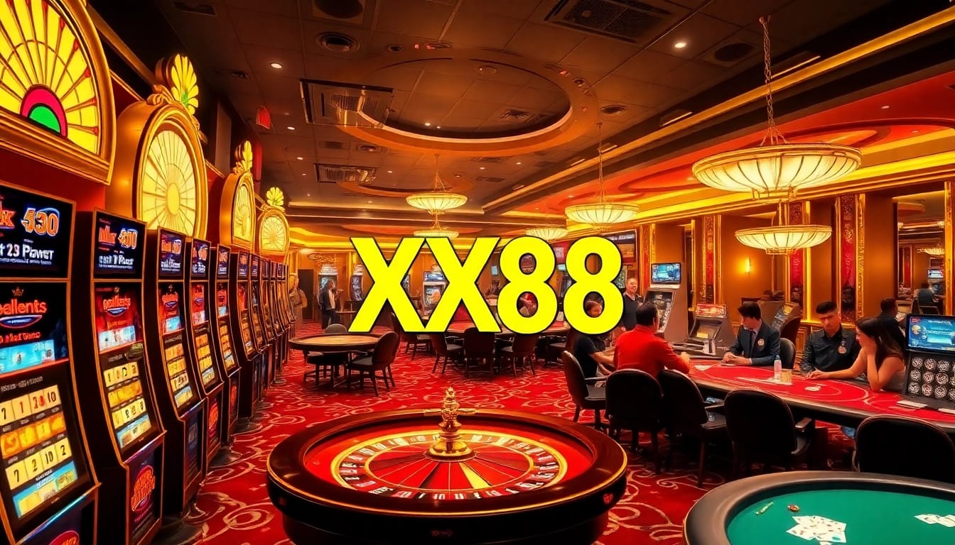 Gamblers enjoying a thrilling game at XX88 casino with vibrant tables and luxury ambiance.
