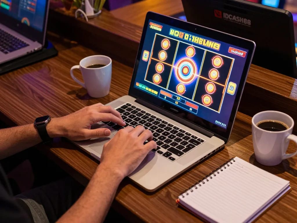 Players engaging in thrilling slot games through IDCASH88 on a laptop, showcasing an exciting online gaming experience.