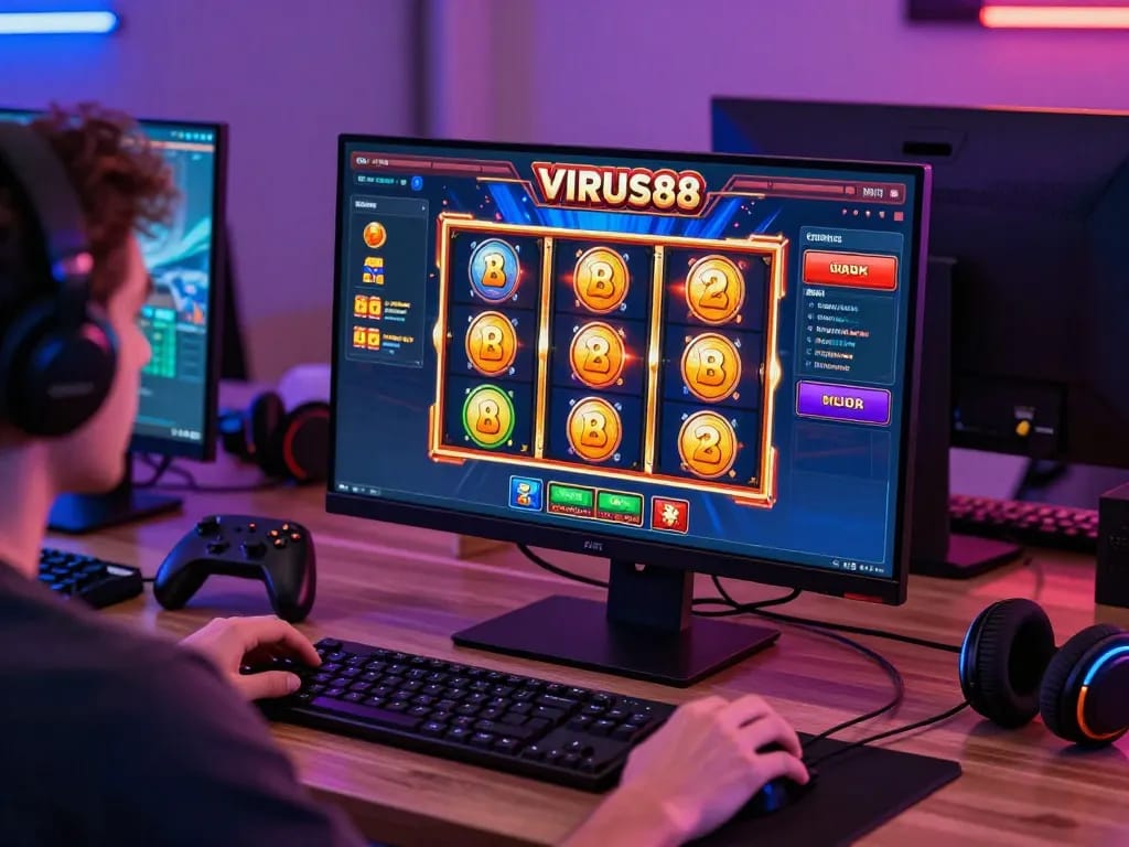Suasana permainan slot online VIRUS88 yang menarik dengan grafik yang cerah dan interaksi pemain.
