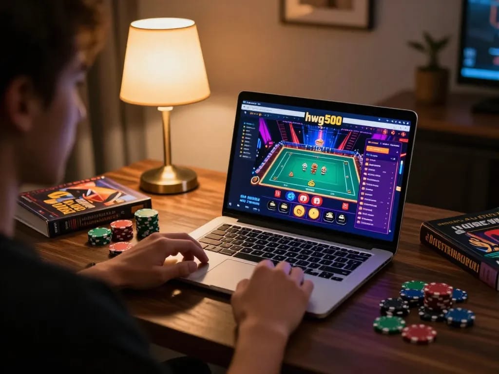 Berinteraksi dengan kasino online hwg500 di laptop yang bergaya sambil menikmati suasana rumah yang nyaman.