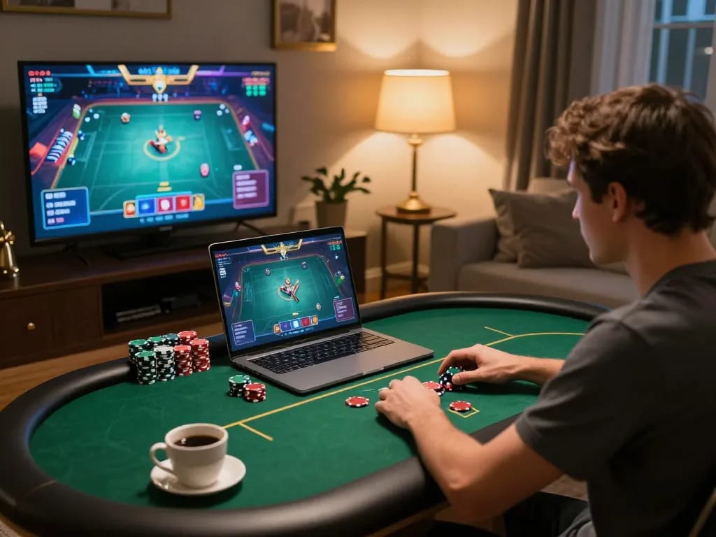 Player enjoying engaging poker action on BERLIAN889 from a cozy gaming setup, showcasing a chip stack and ambient lighting.