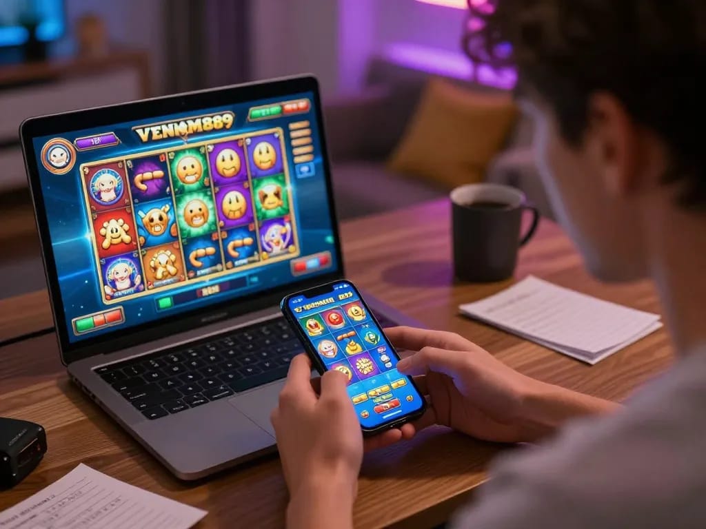 Engaging in VENOM889 mobile casino gaming with vibrant slot visuals and strategic betting notes