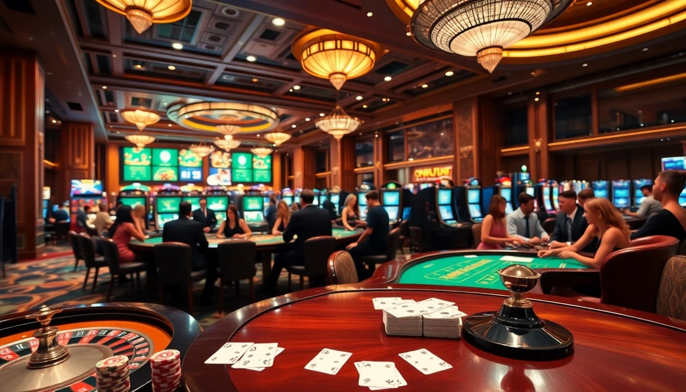 Experience thrilling gaming action at https://go8.live/ with vibrant casino interiors and excited players.