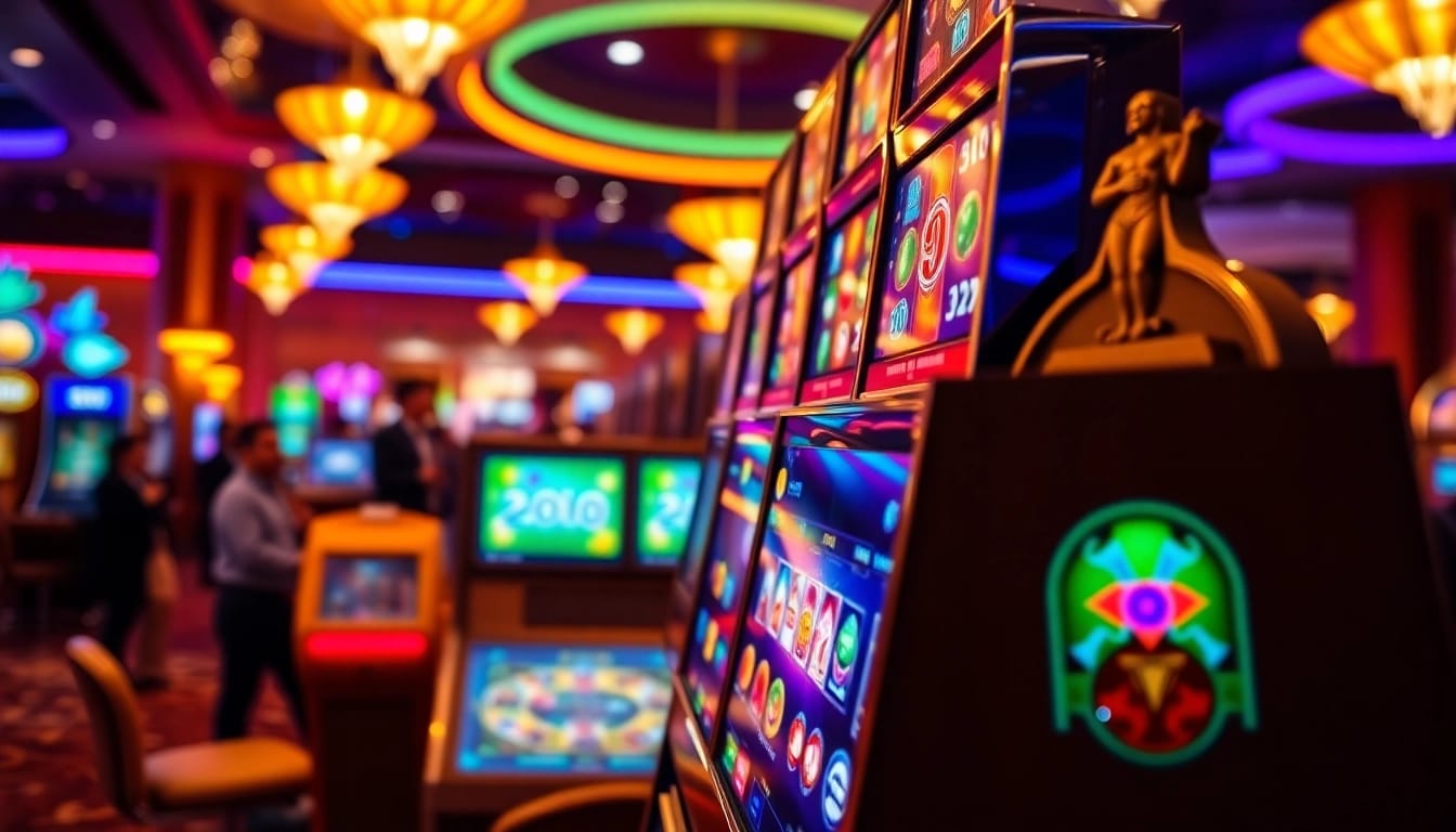 Mesin slot kasino yang menarik dengan jalur pembayaran cerah dan pemain yang bersemangat.